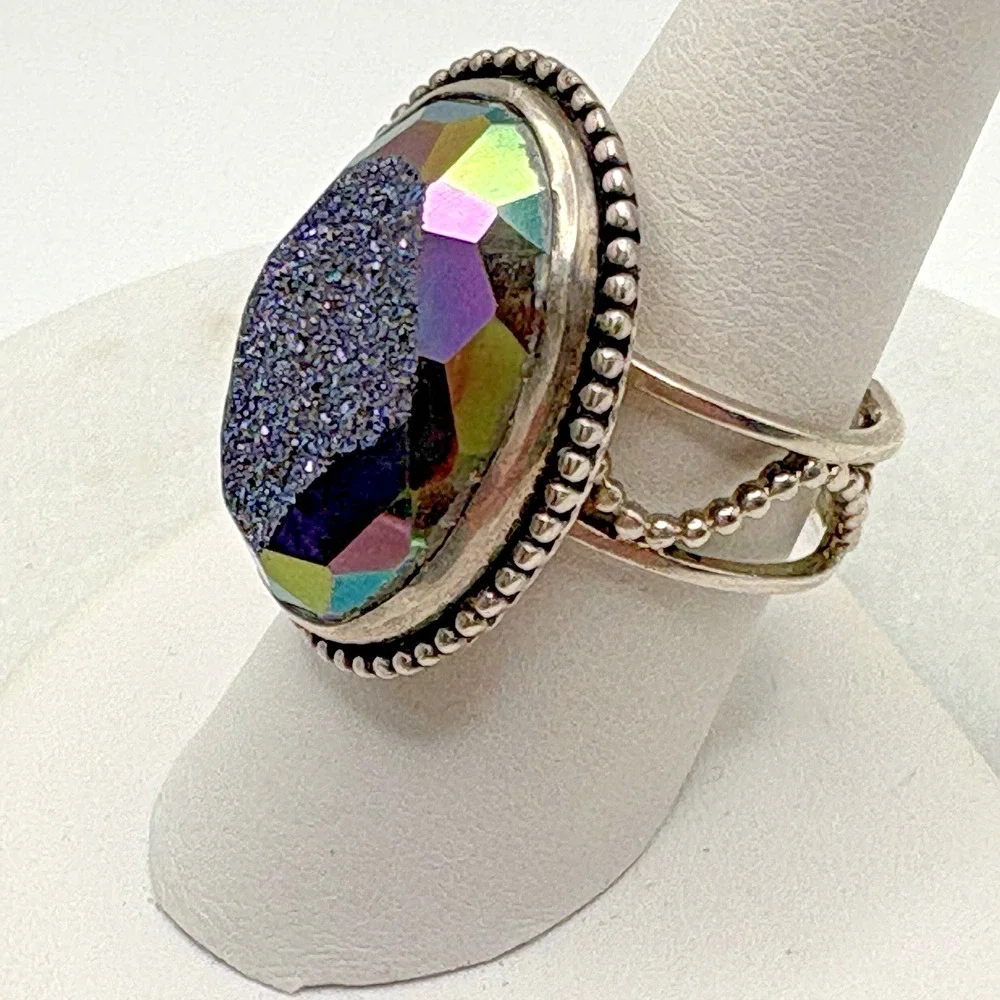 Colleen Lopez Sterling Silver Ring Titanium Mystic Druzy Quartz 9 Adjustable